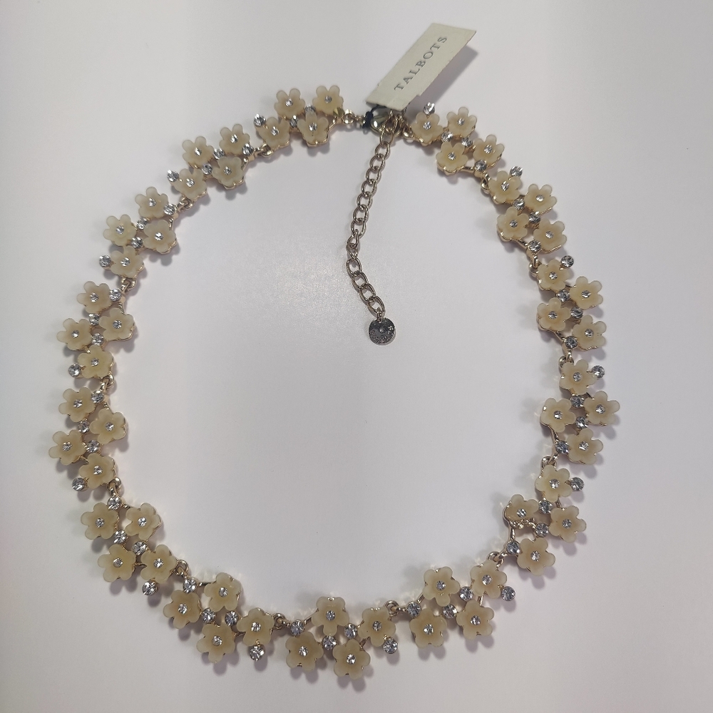Talbots Flower Rhinestone Statement Necklace Crea… - image 3
